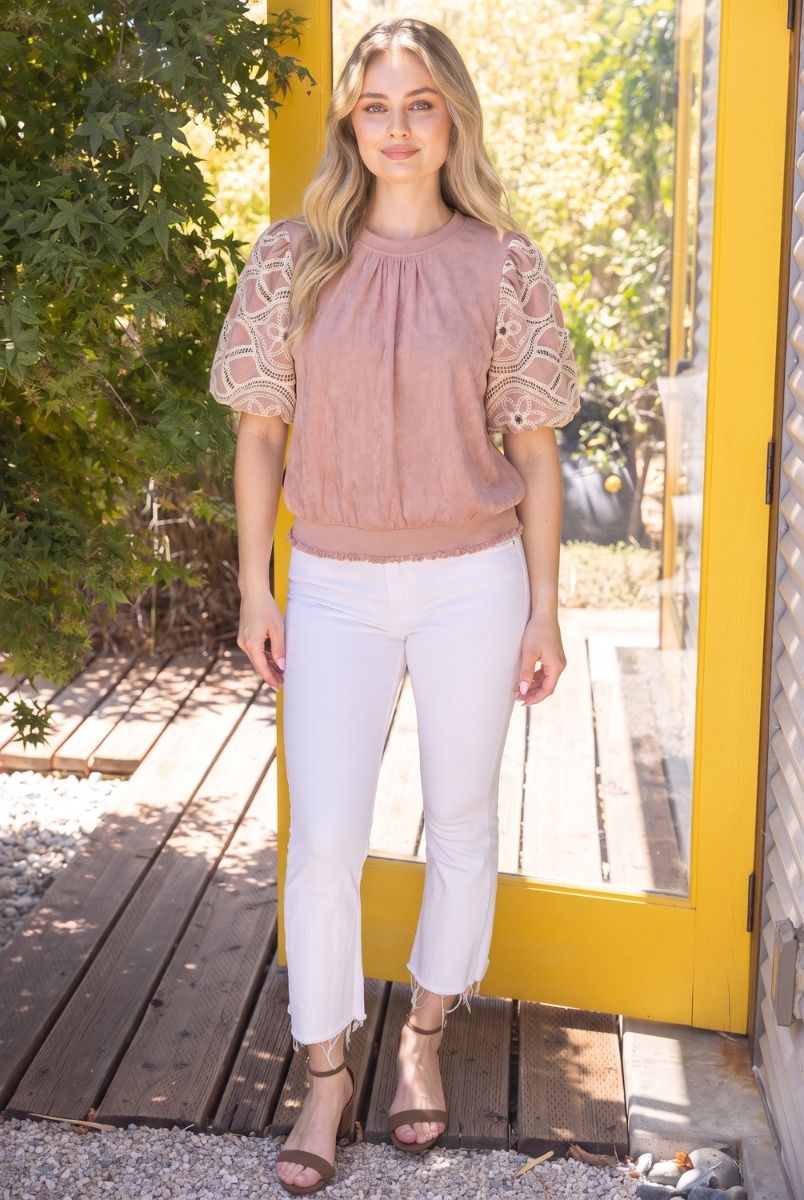 Floral Crochet Bubble Sleeve Suede Top