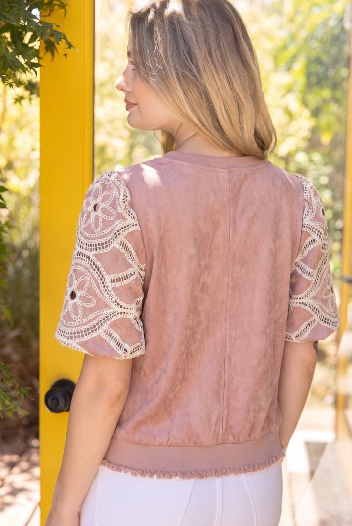 Floral Crochet Bubble Sleeve Suede Top