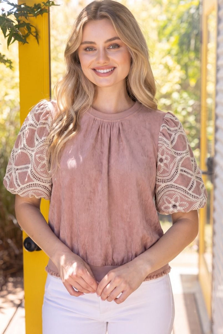 Floral Crochet Bubble Sleeve Suede Top