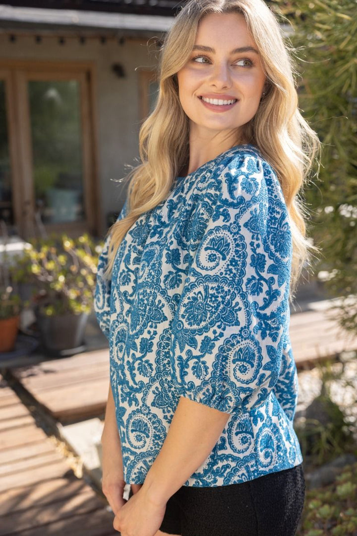 Paisley Velvet Jacquard Puff Sleeve Top