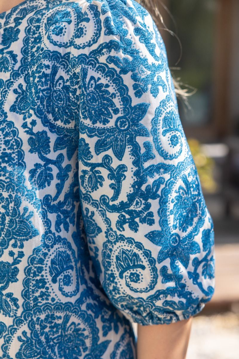 Paisley Velvet Jacquard Puff Sleeve Top