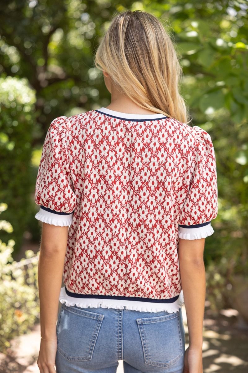 Floral Puff Sleeve Knit Top