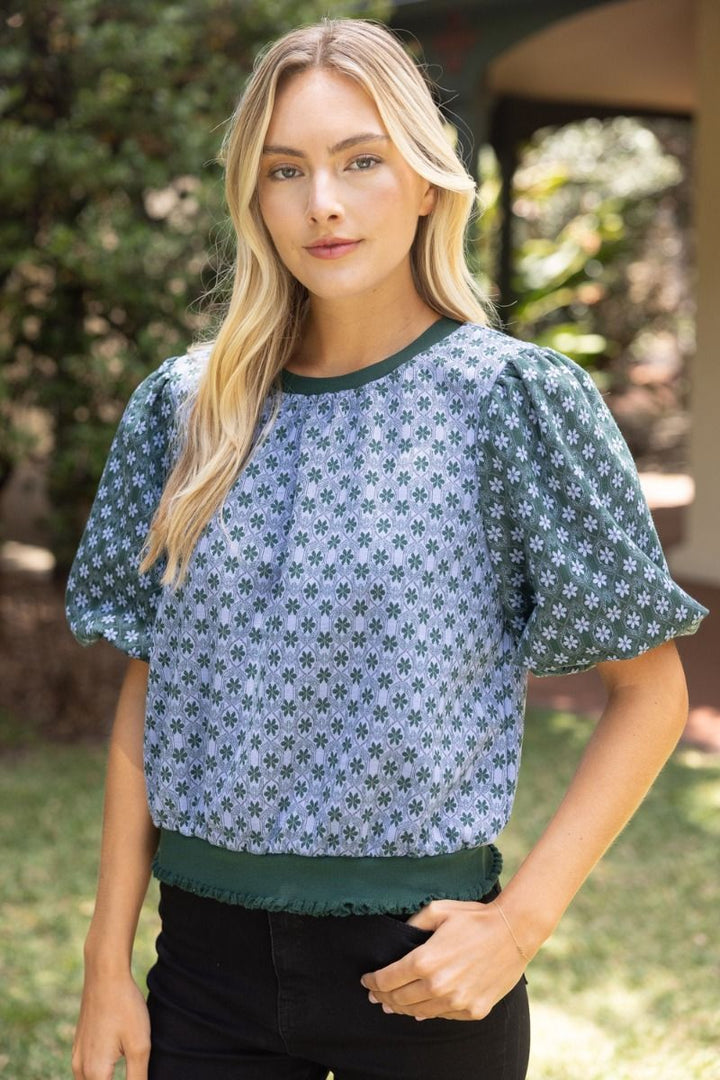 Contrast Floral Bubble Sleeve Top