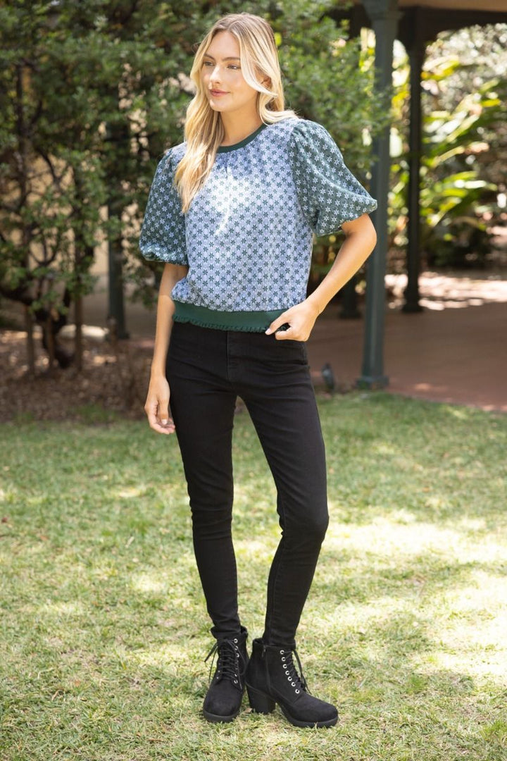 Contrast Floral Bubble Sleeve Top