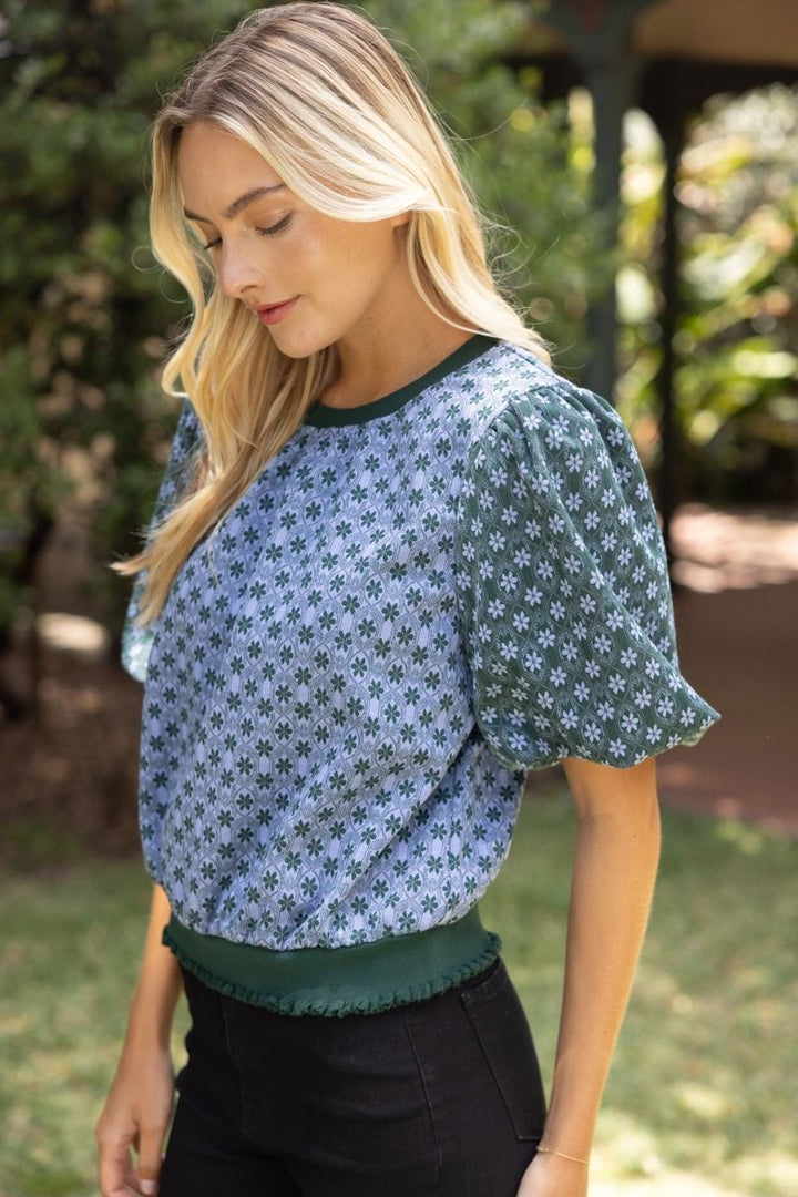 Contrast Floral Bubble Sleeve Top