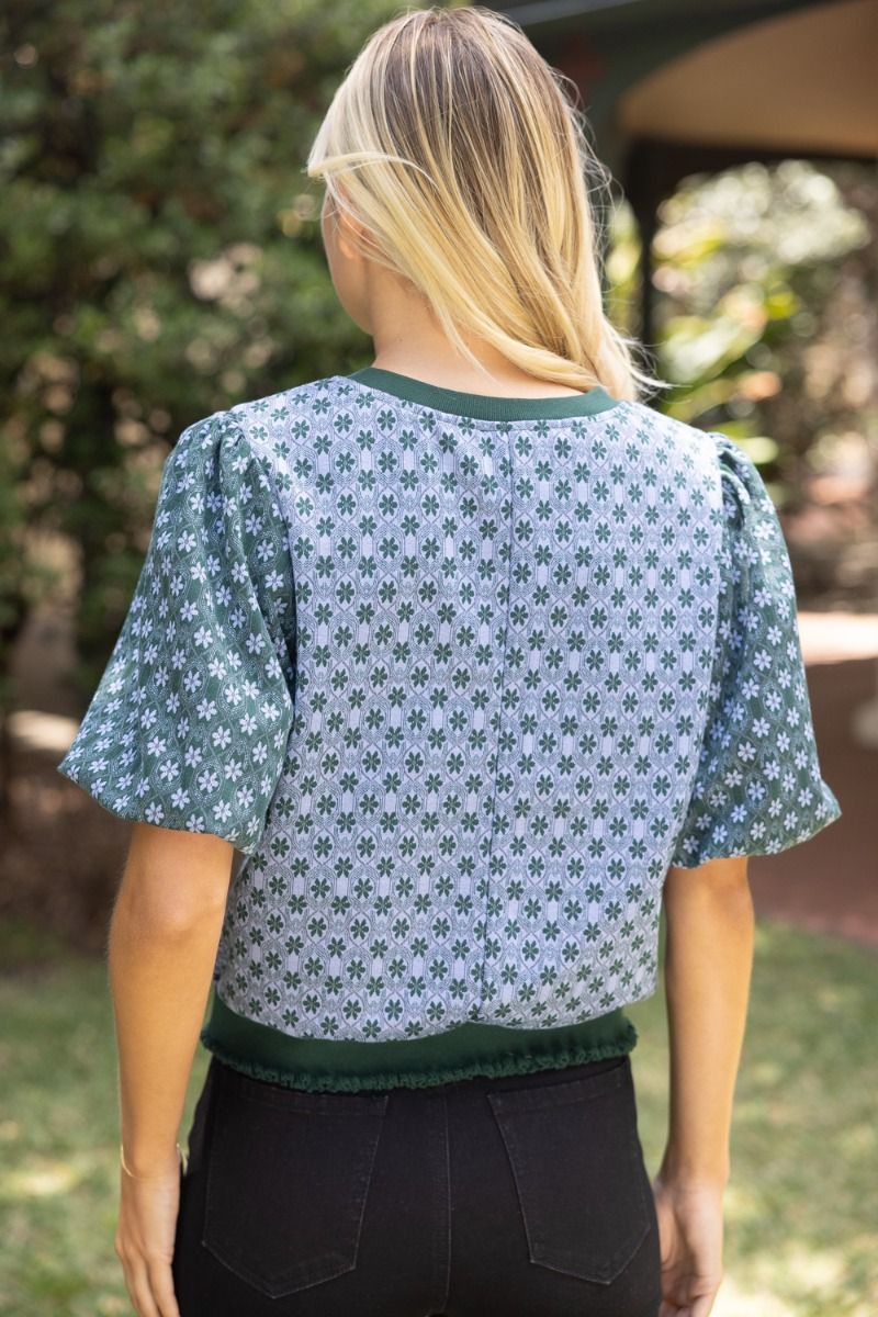 Contrast Floral Bubble Sleeve Top