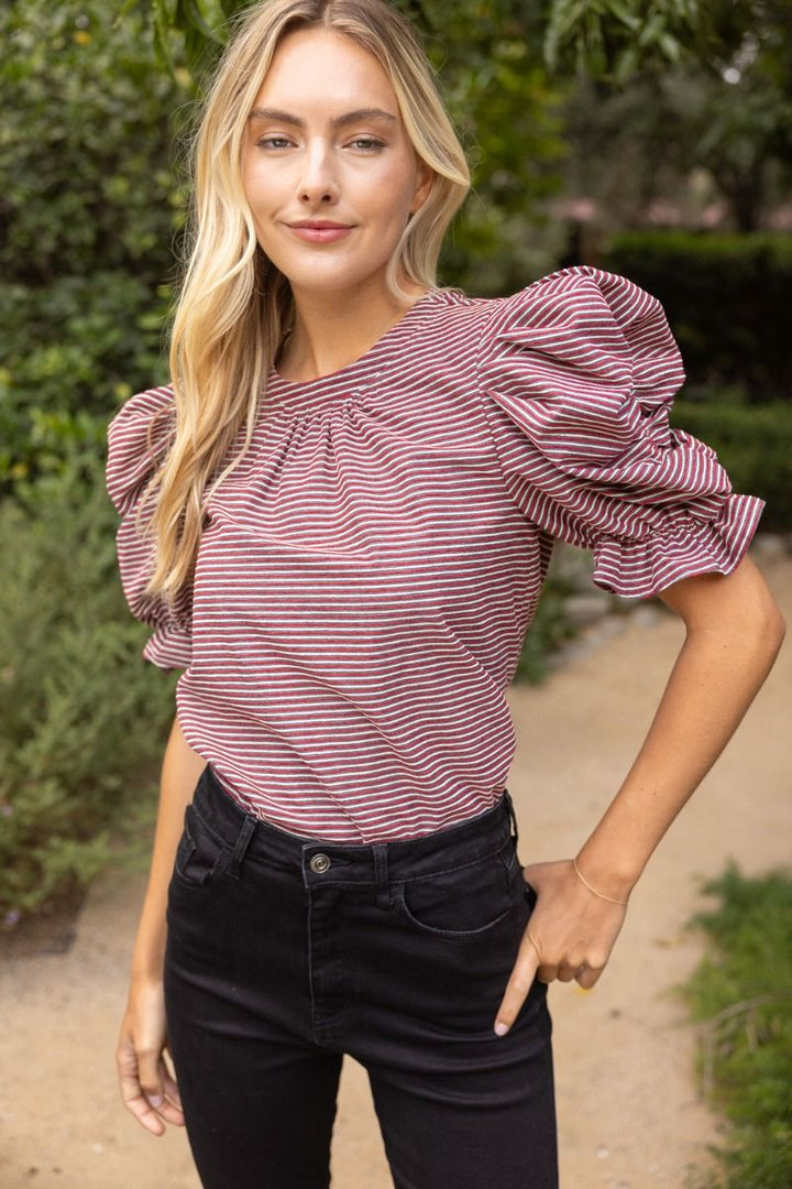 Striped Ruched Puff Sleeve Top