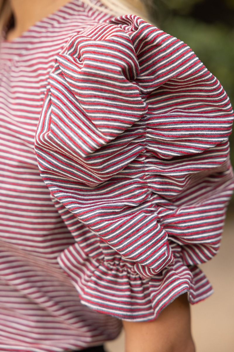 Striped Ruched Puff Sleeve Top