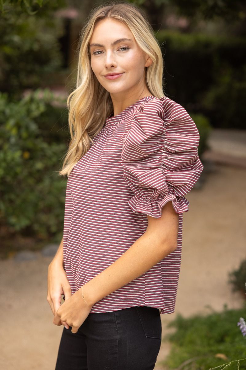 Striped Ruched Puff Sleeve Top