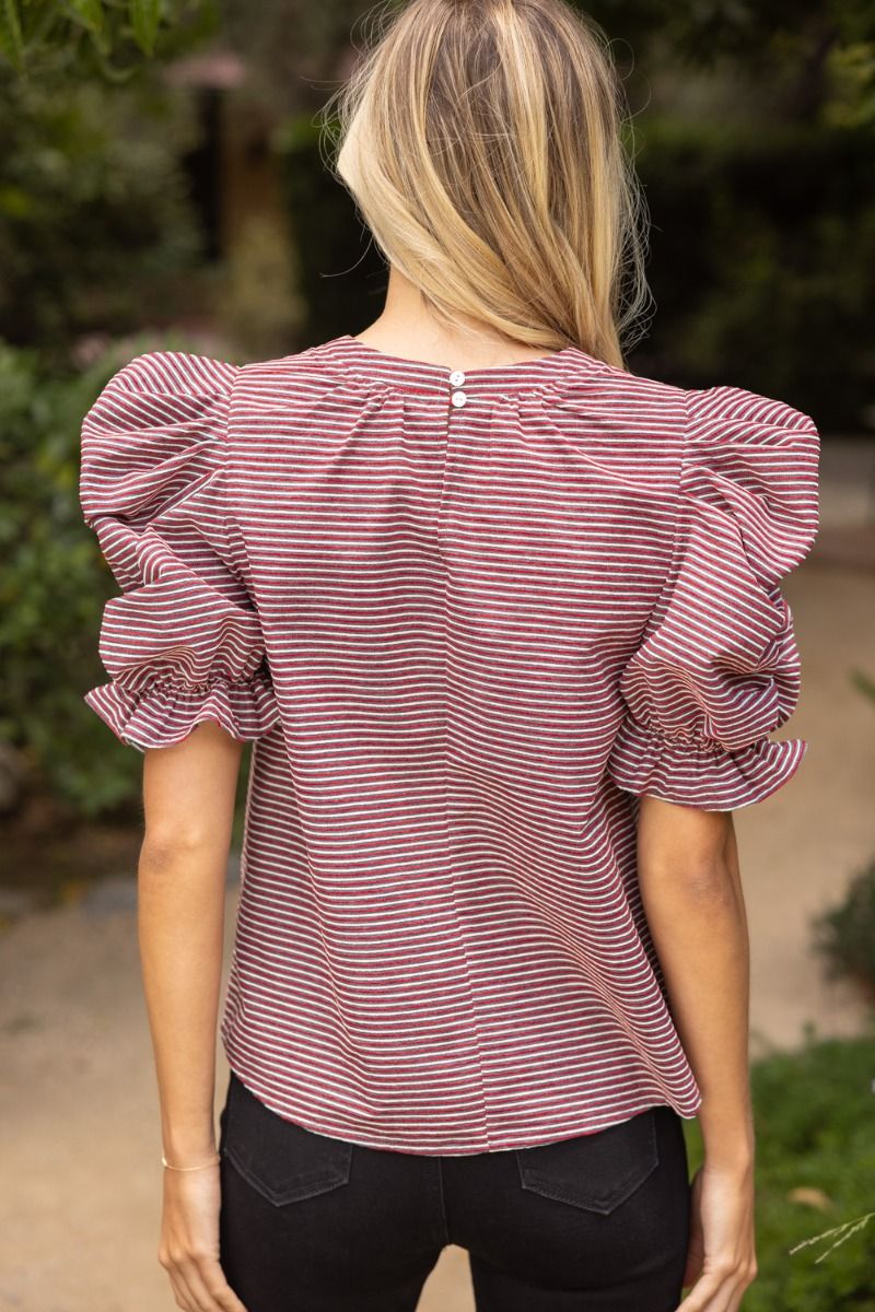 Striped Ruched Puff Sleeve Top