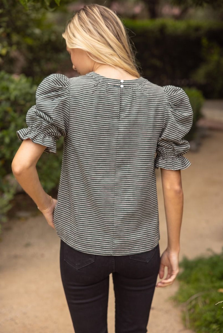 Striped Ruched Puff Sleeve Top