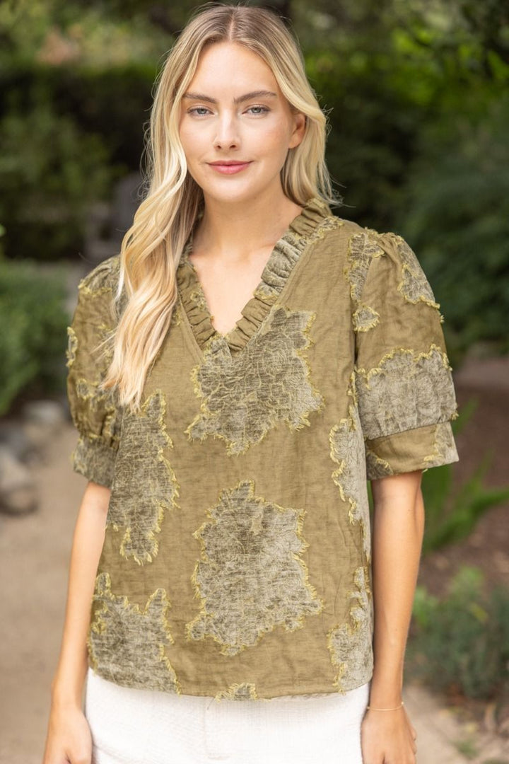 Ruffled V-Neck Burnout Velvet Top