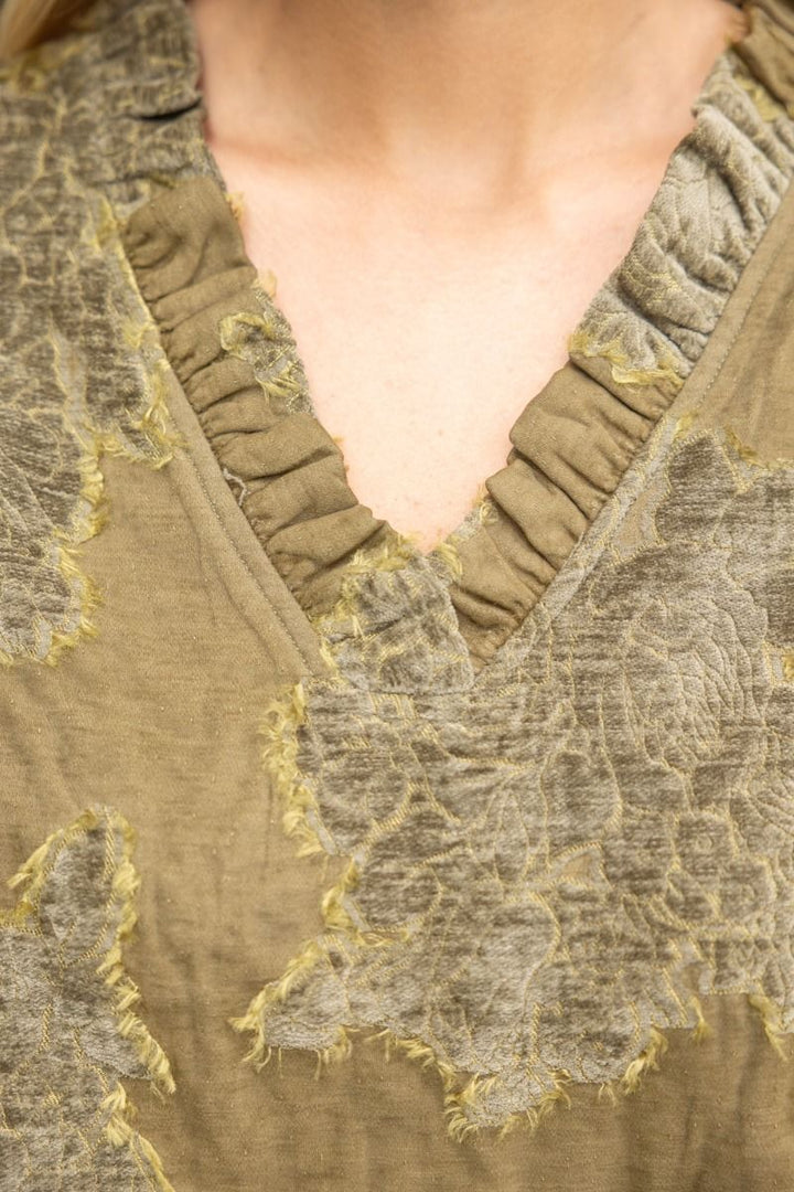 Ruffled V-Neck Burnout Velvet Top