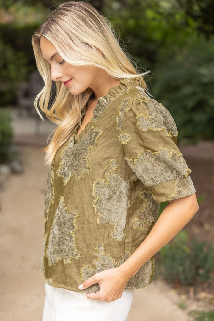 Ruffled V-Neck Burnout Velvet Top