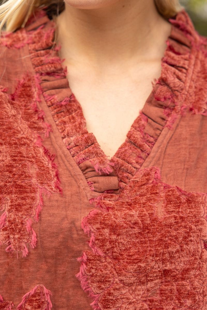 Ruffled V-Neck Burnout Velvet Top