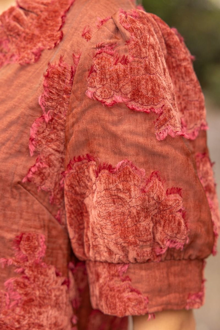 Ruffled V-Neck Burnout Velvet Top
