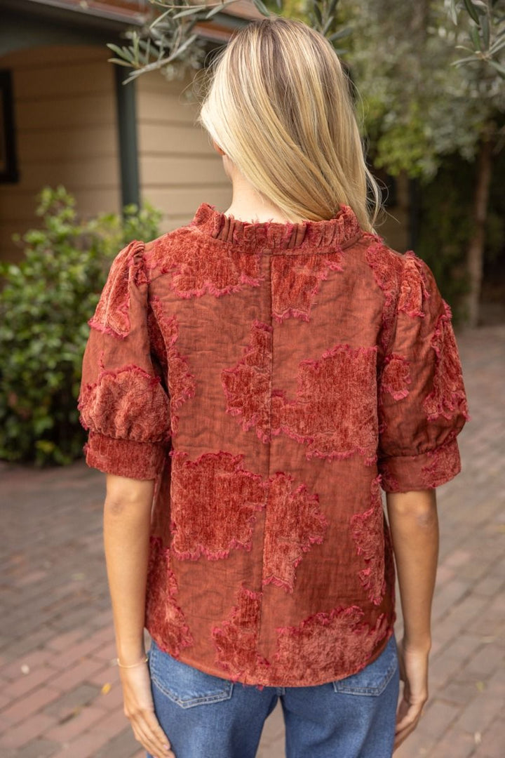 Ruffled V-Neck Burnout Velvet Top