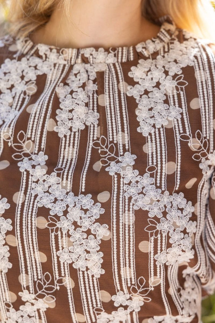 Brown Floral Embroidered Chiffon Top