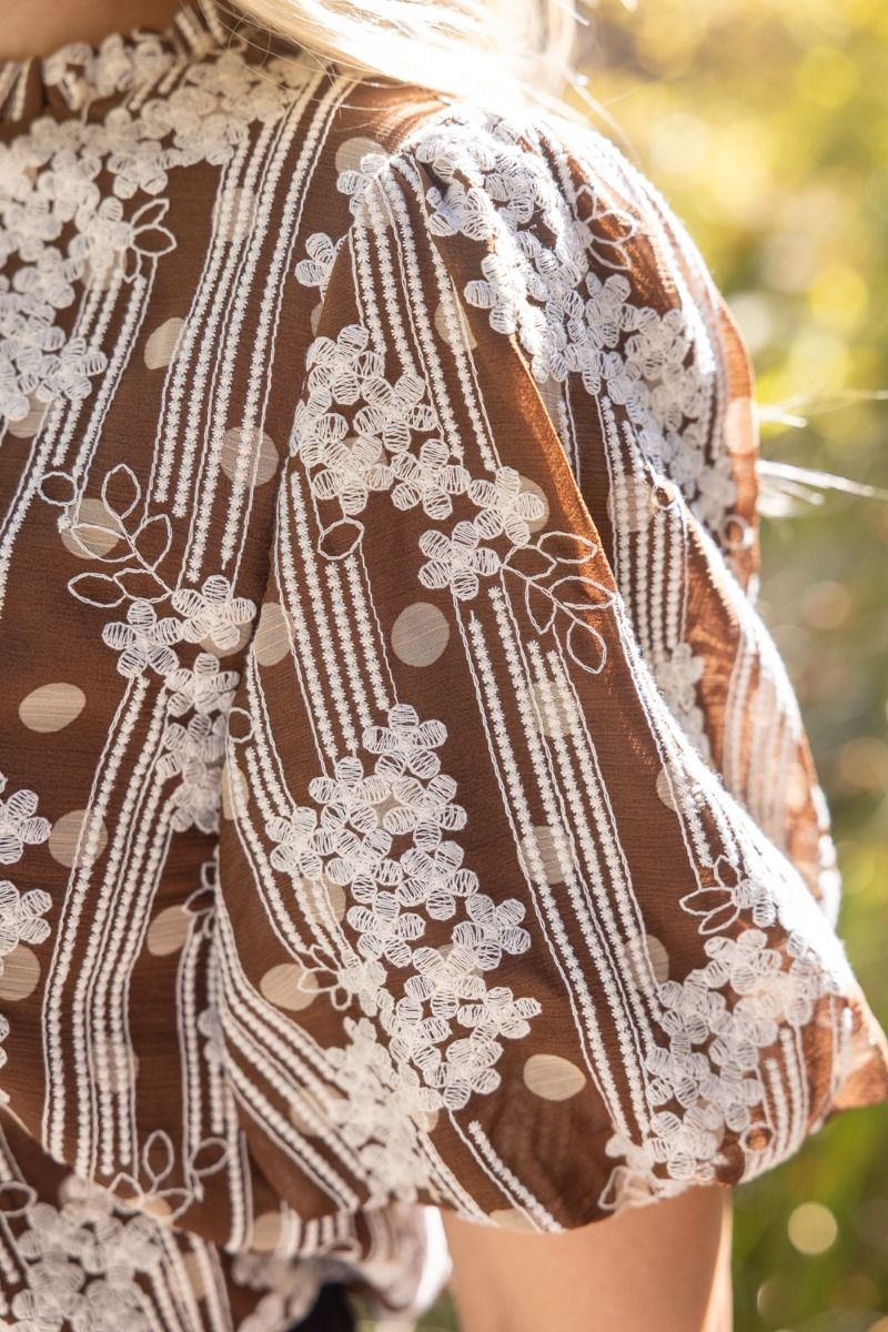 Brown Floral Embroidered Chiffon Top