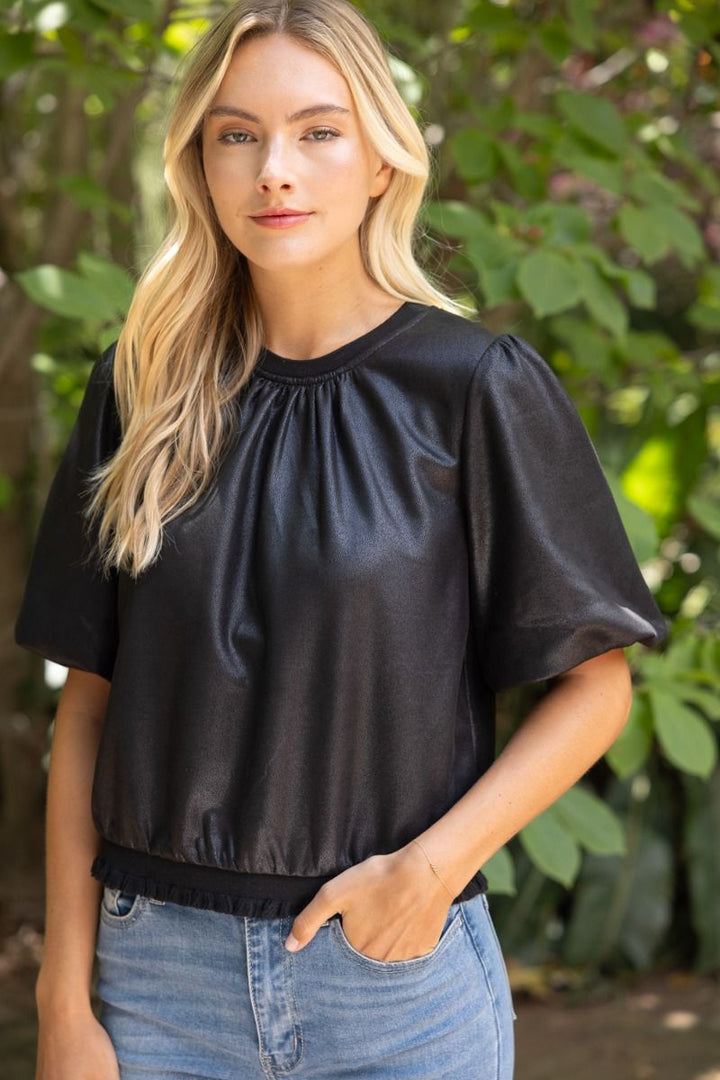 Faux Leather Bubble Sleeve Top
