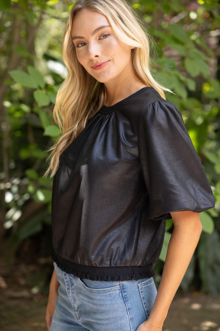Faux Leather Bubble Sleeve Top
