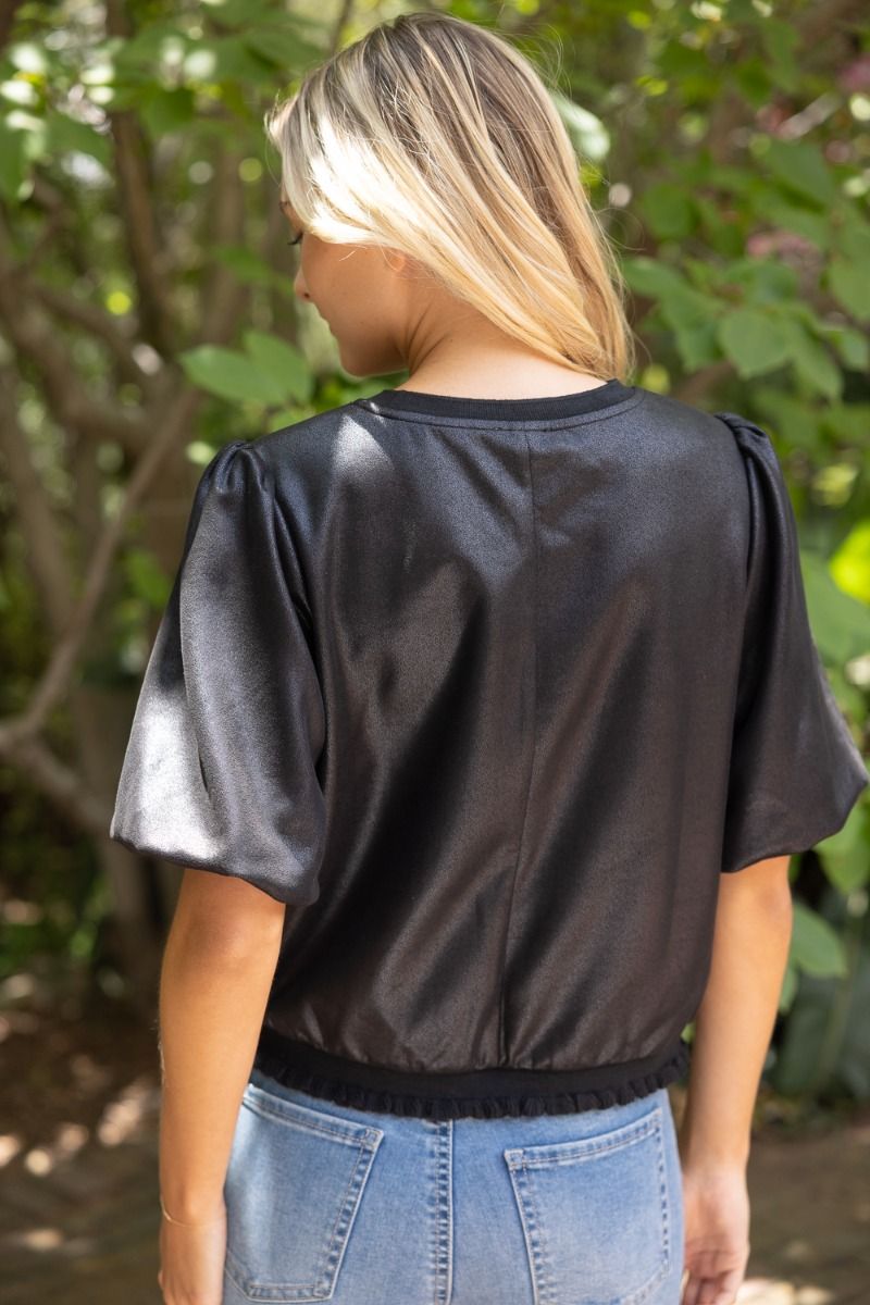 Faux Leather Bubble Sleeve Top