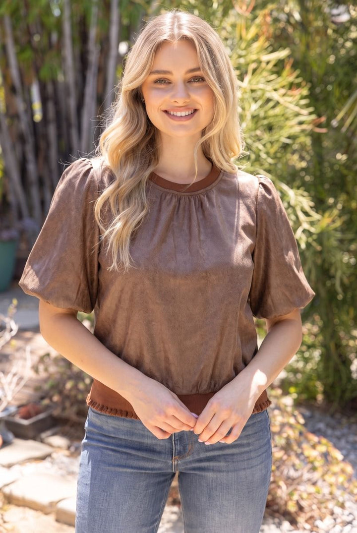 Faux Leather Bubble Sleeve Top
