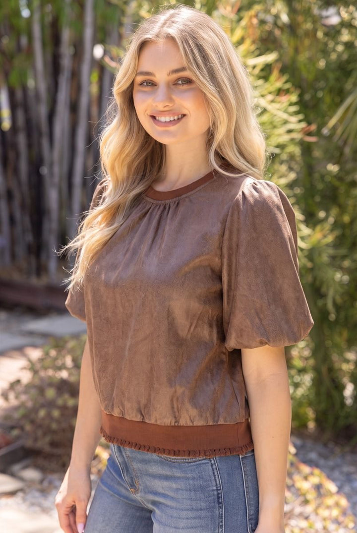 Faux Leather Bubble Sleeve Top