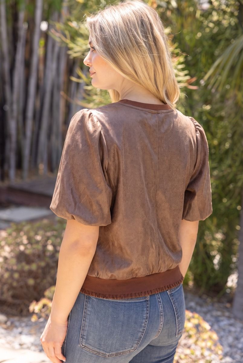 Faux Leather Bubble Sleeve Top