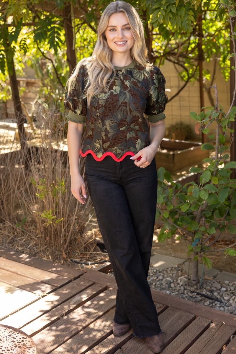 Floral Jacquard Wavy Hem Top