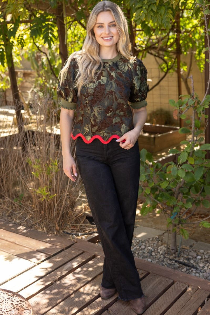 Floral Jacquard Wavy Hem Top