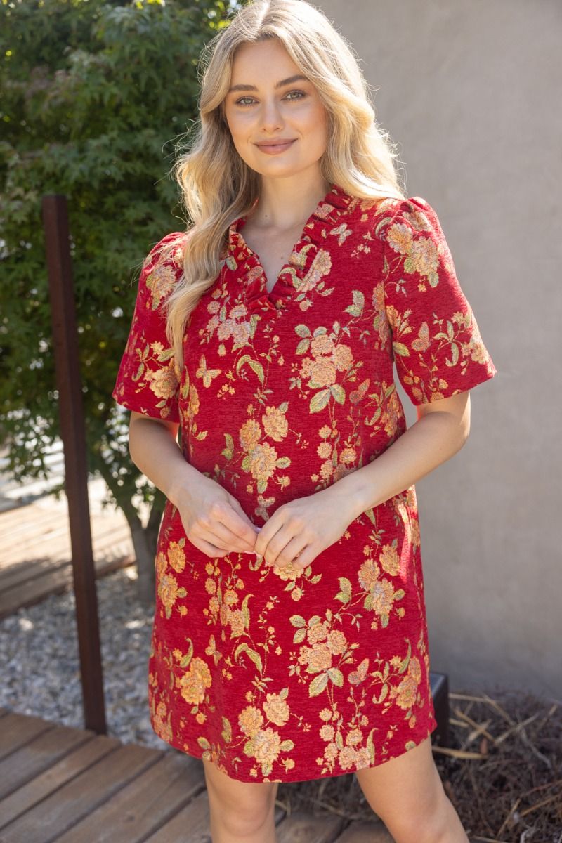 Red Floral Jacquard Ruffle Shift Dress