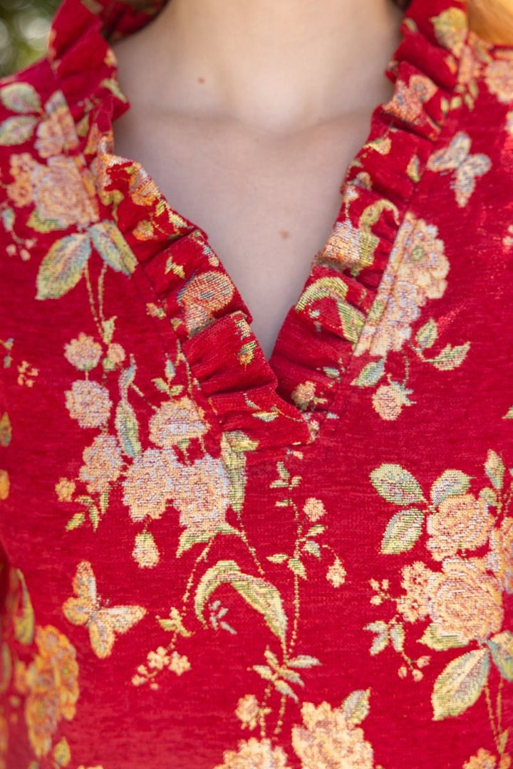 Red Floral Jacquard Ruffle Shift Dress