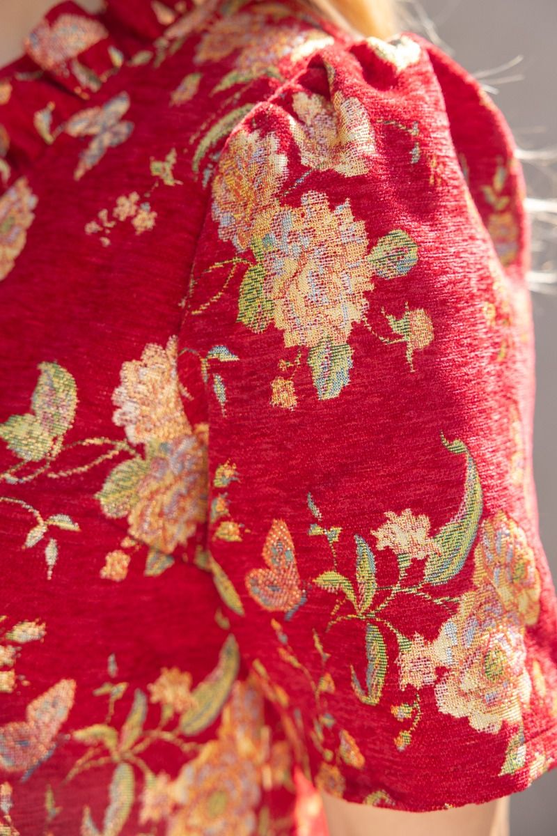 Red Floral Jacquard Ruffle Shift Dress