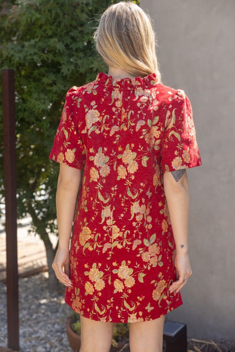 Red Floral Jacquard Ruffle Shift Dress