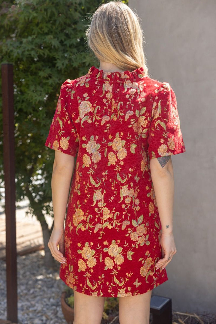 Red Floral Jacquard Ruffle Shift Dress