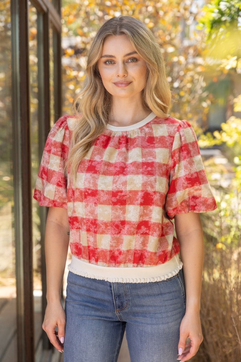 Plaid Bubble Sleeve Top