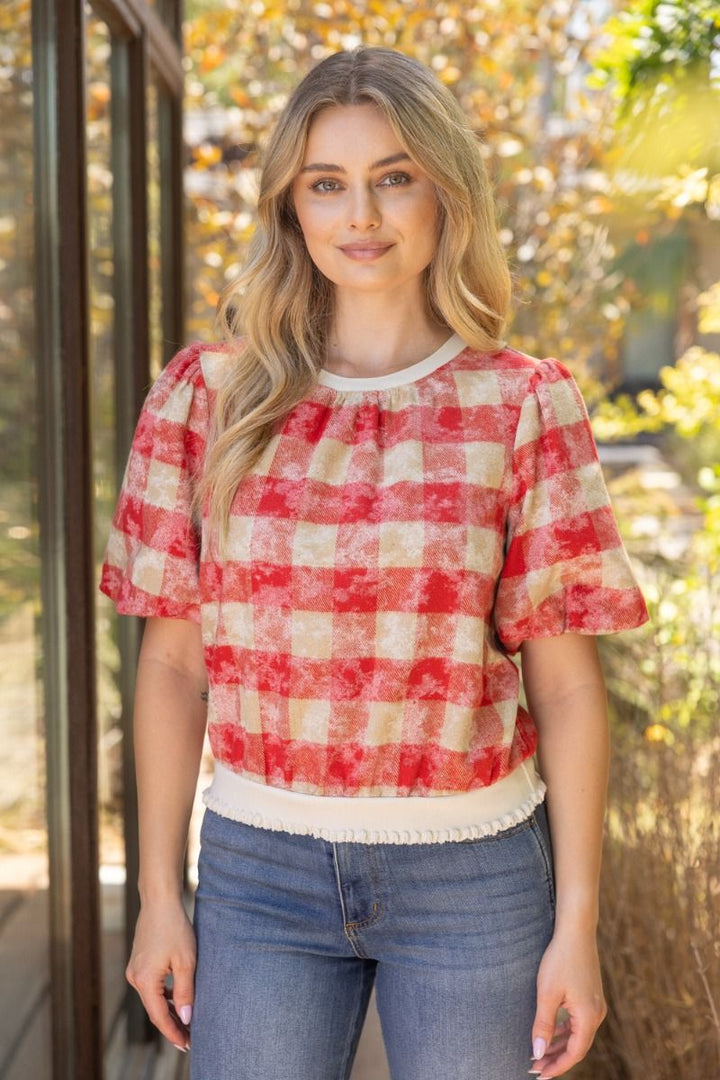 Plaid Bubble Sleeve Top