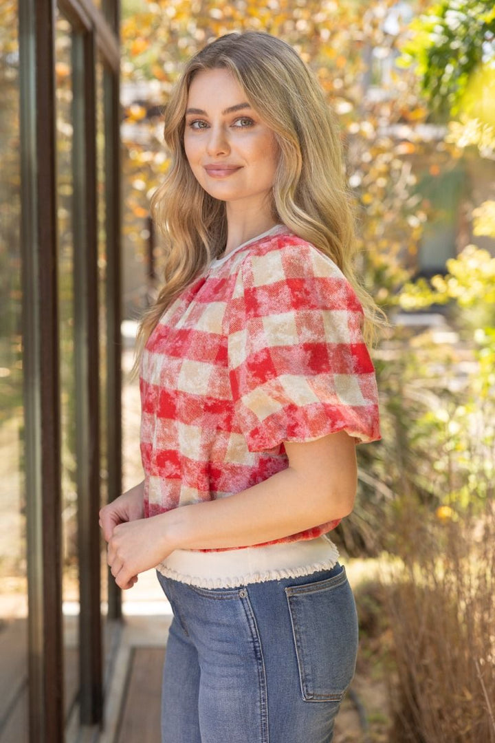 Plaid Bubble Sleeve Top