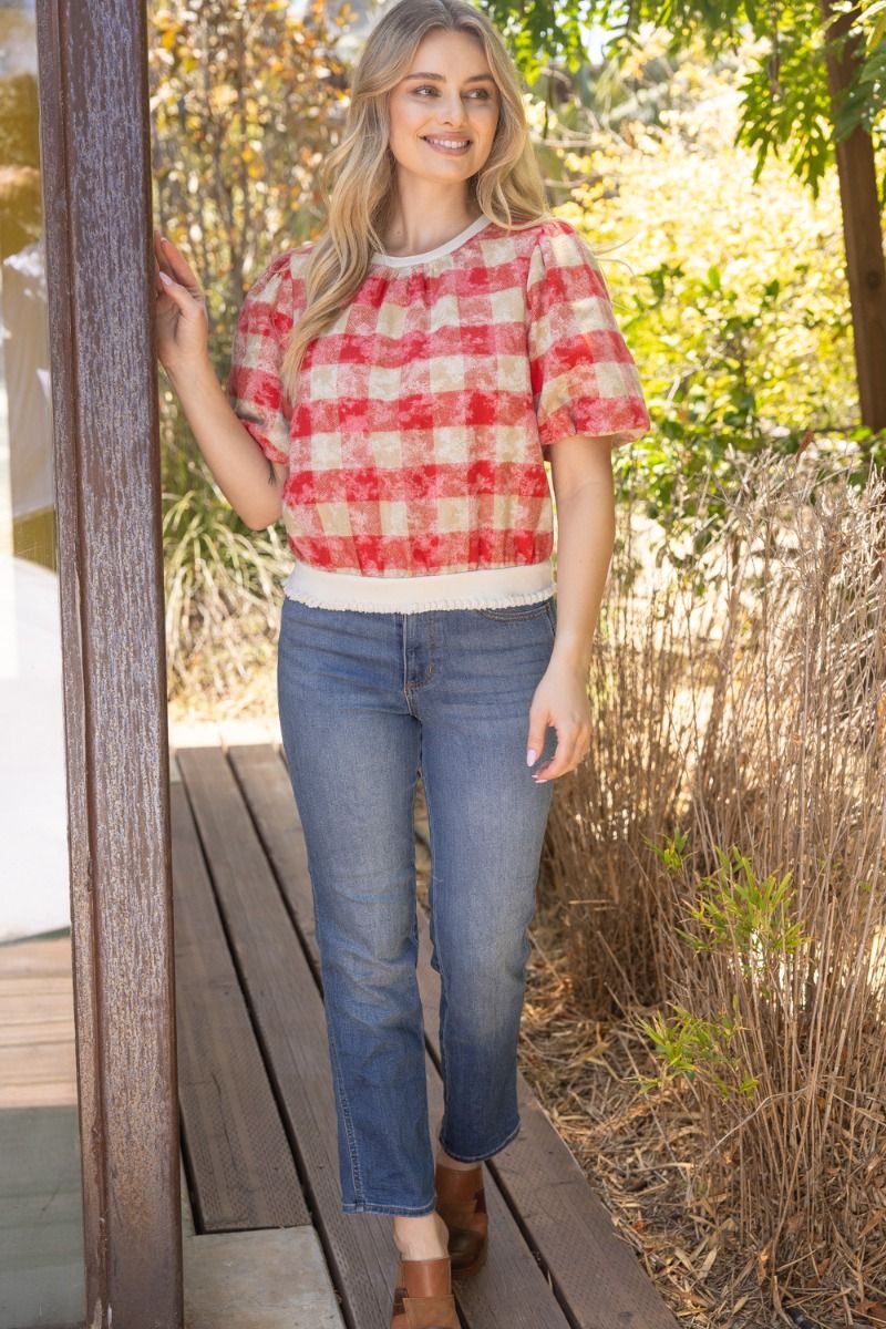 Plaid Bubble Sleeve Top