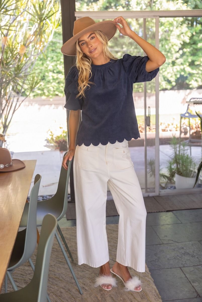 Scalloped Corduroy Top W/ Bubble Sleeves