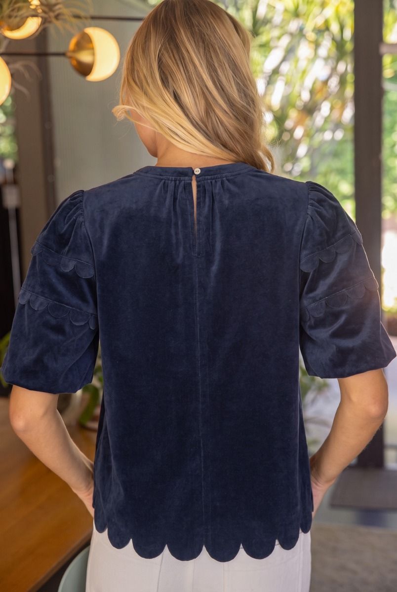 Scalloped Corduroy Top W/ Bubble Sleeves