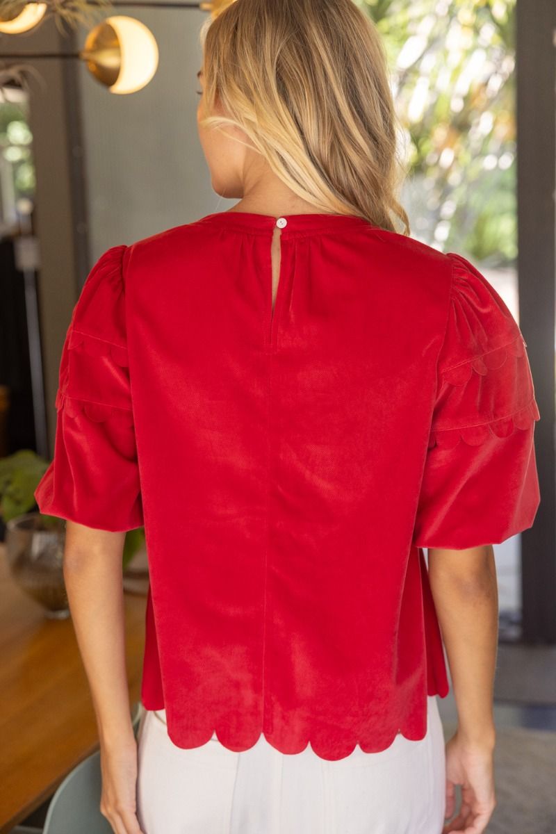 Scalloped Corduroy Top W/ Bubble Sleeves