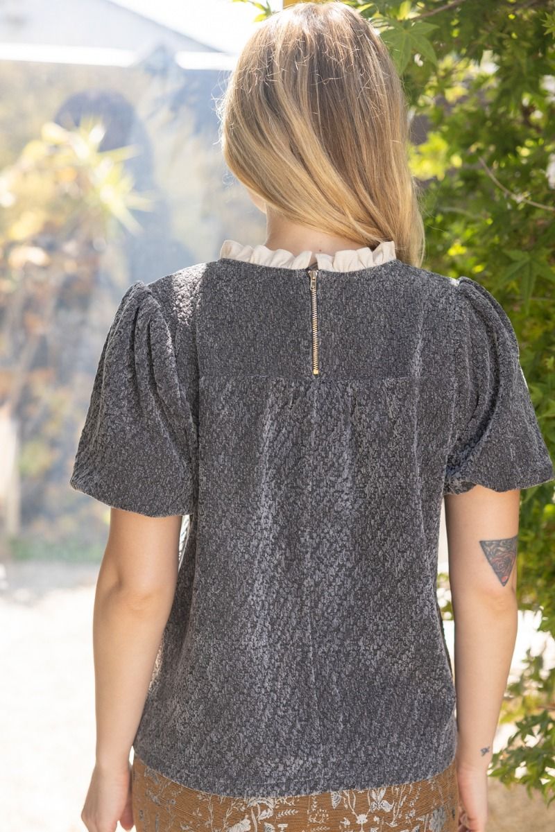 Ruffle Neck Stripe Trim Top