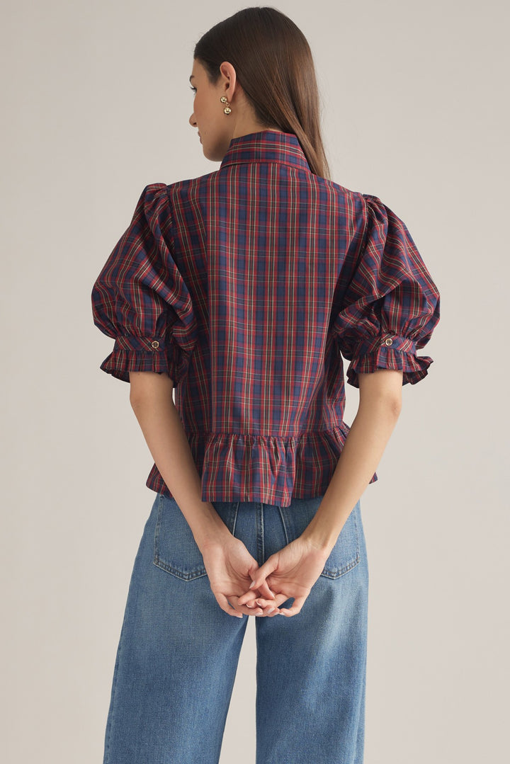 Plaid Bow Neck Peplum Top