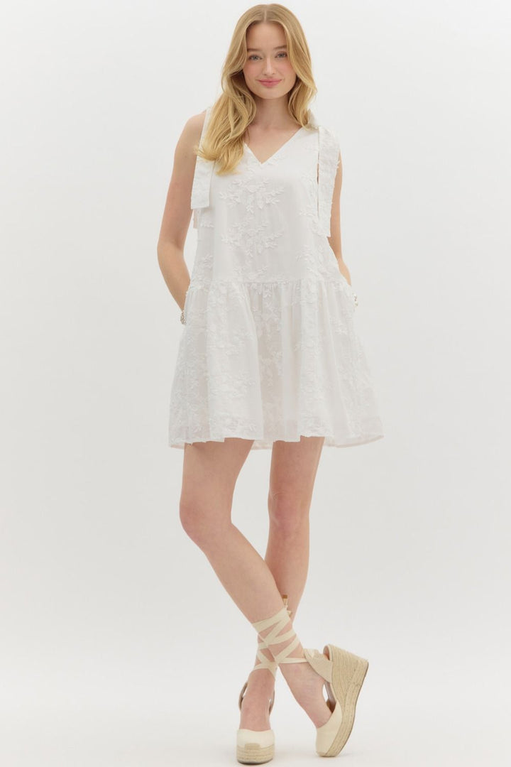 3D Floral Applique Mini Dress W/Tie Straps - Lush Lemon - Women's Clothing - Entro - 28769791086429