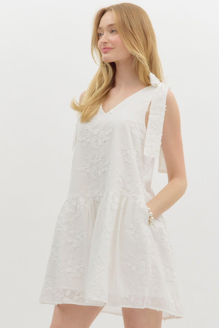 3D Floral Applique Mini Dress W/Tie Straps - Lush Lemon - Women's Clothing - Entro - 28769791086429