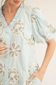 3D Floral Puff Sleeve Mini Dress - Lush Lemon - Women&