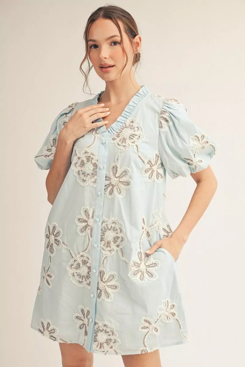 3D Floral Puff Sleeve Mini Dress - Lush Lemon - Women's Clothing - Jodifl - 32700371066877