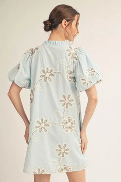 3D Floral Puff Sleeve Mini Dress - Lush Lemon - Women&